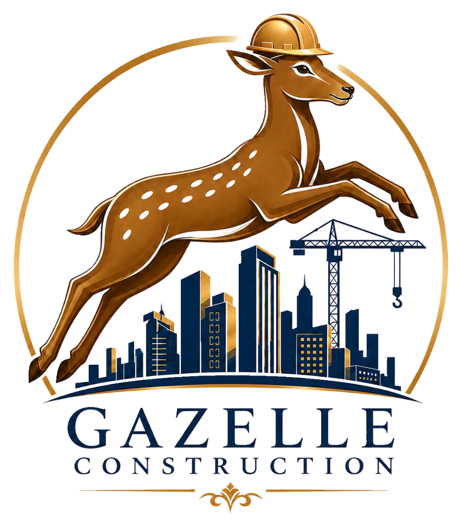 Gazelle Construction logo — a gazelle in a hard hat leaping over the New York skyline