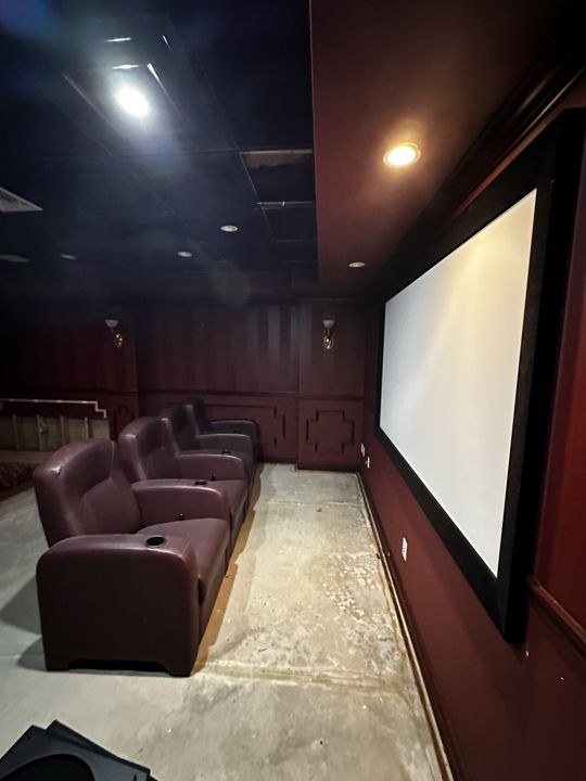 Theater room seating and screen.